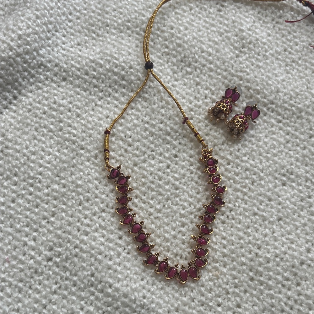 Gold-Tone Pink Stone Necklace and Earring Set